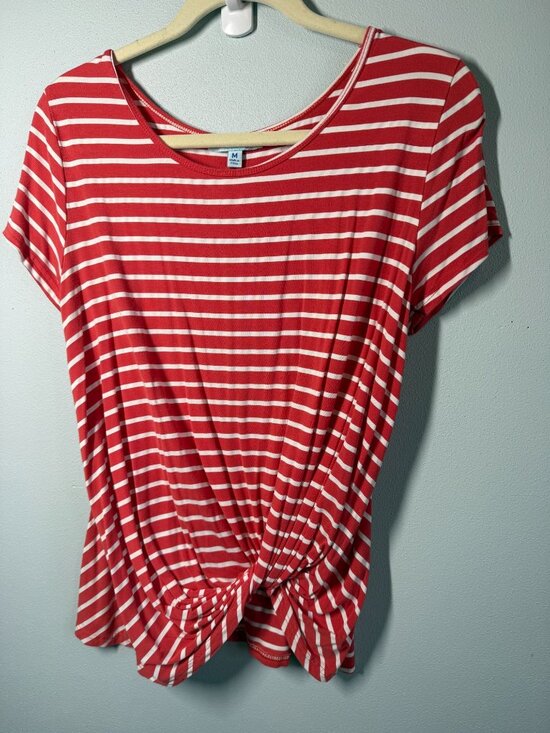 She + Sky Tops - She + Sky Womens Medium Red Stripe Knot Front Tee Casual Short Sleeve Knit Top